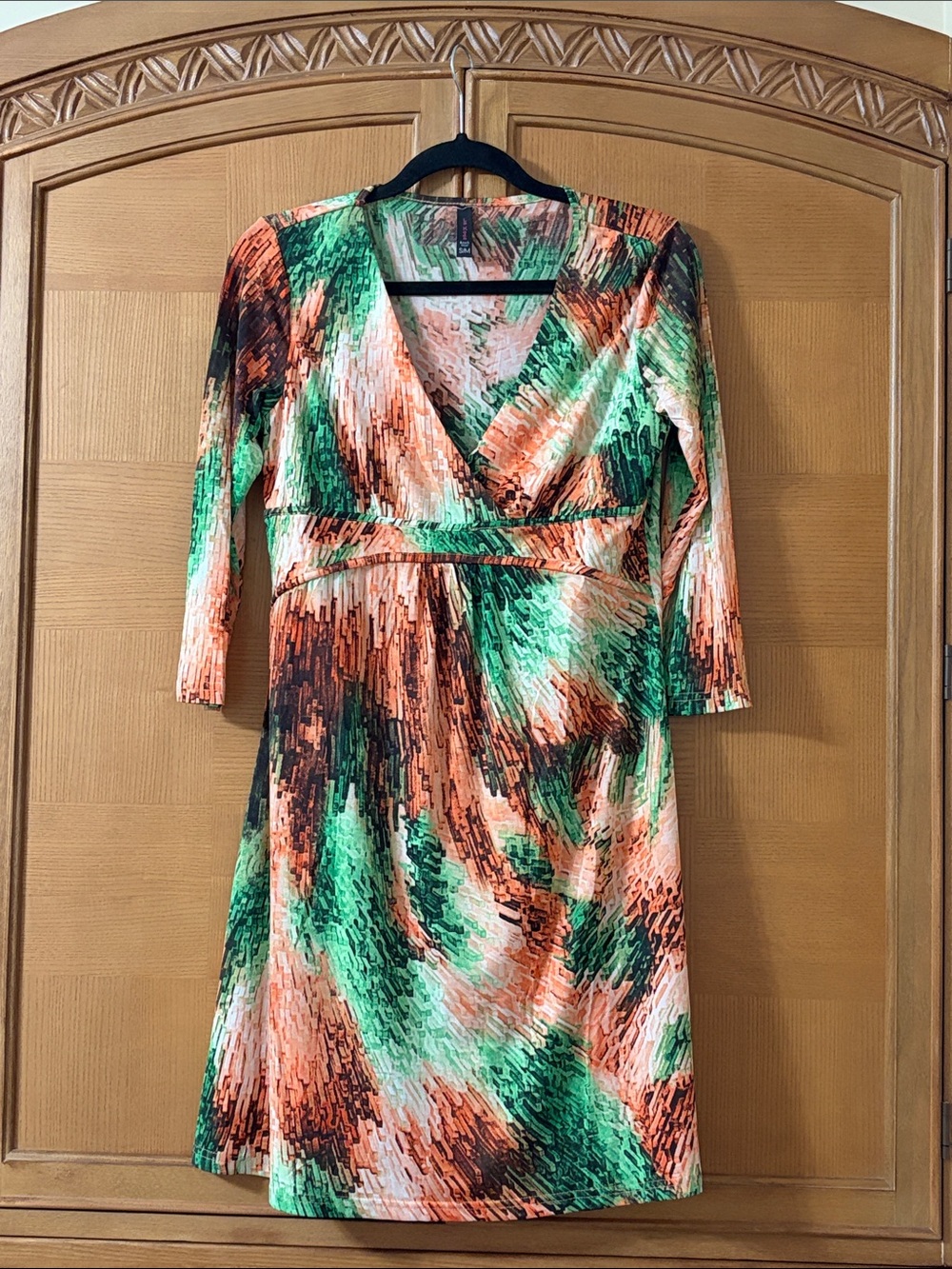 Abstract Green & Peach V-Neck Swim Coverup Dress